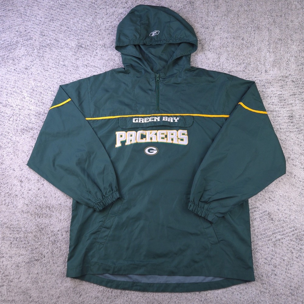 VTG Green Bay Packers Jacket Mens Medium Reebok Pullover Hooded Windbreaker Rain